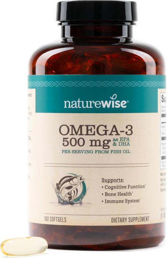 180 NatureWise Omega 3 Fish Oil Softgels - 500mg EPA & DHA per Pill - Immune & Brain Health Support - Wild-Caught, Non-GMO - Gluten & Soy Free
