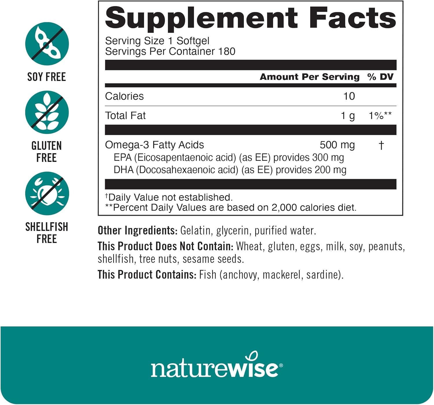 180 NatureWise Omega 3 Fish Oil Softgels - 500mg EPA & DHA per Pill - Immune & Brain Health Support - Wild-Caught, Non-GMO - Gluten & Soy Free