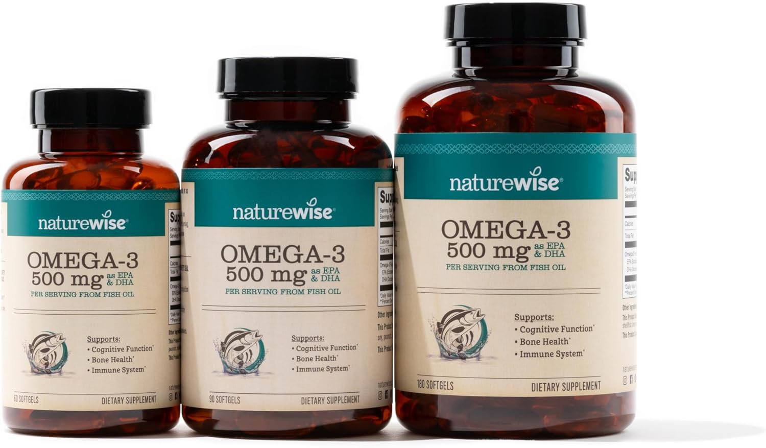 180 NatureWise Omega 3 Fish Oil Softgels - 500mg EPA & DHA per Pill - Immune & Brain Health Support - Wild-Caught, Non-GMO - Gluten & Soy Free