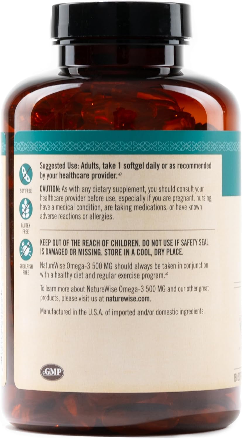 180 NatureWise Omega 3 Fish Oil Softgels - 500mg EPA & DHA per Pill - Immune & Brain Health Support - Wild-Caught, Non-GMO - Gluten & Soy Free