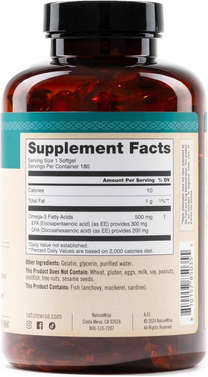 180 NatureWise Omega 3 Fish Oil Softgels - 500mg EPA & DHA per Pill - Immune & Brain Health Support - Wild-Caught, Non-GMO - Gluten & Soy Free