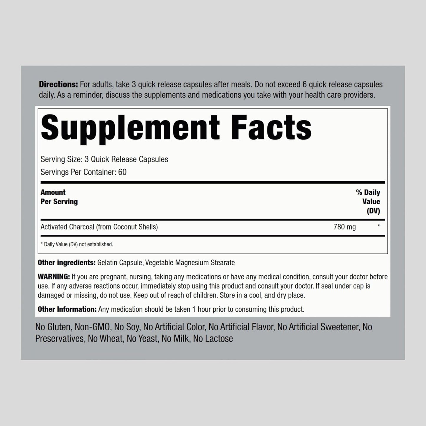 180 Non-GMO Activated Charcoal Pills 780mg from Coconut Shells - Gluten Free Supplement