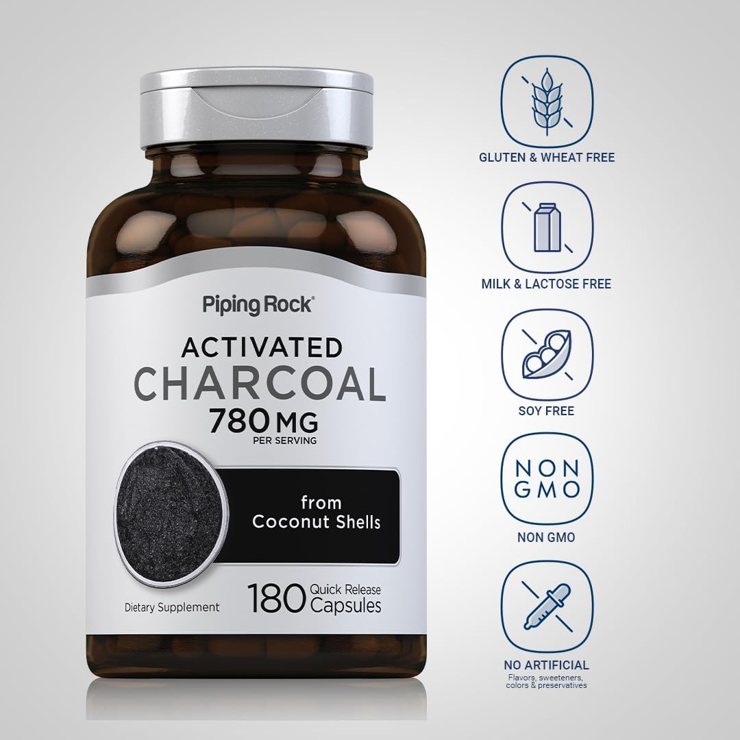 180 Non-GMO Activated Charcoal Pills 780mg from Coconut Shells - Gluten Free Supplement