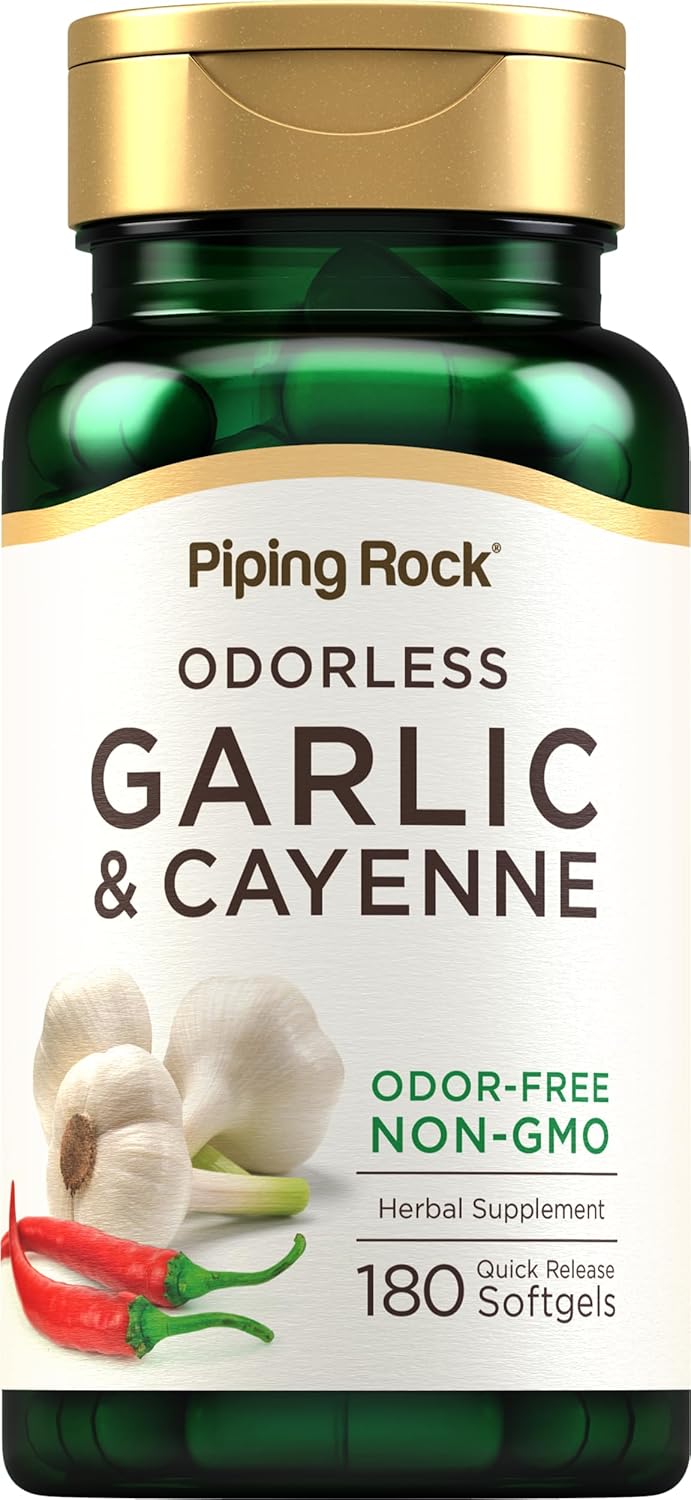 180 Odorless Garlic and Cayenne Softgels - 1000mg, Non-GMO, Gluten Free