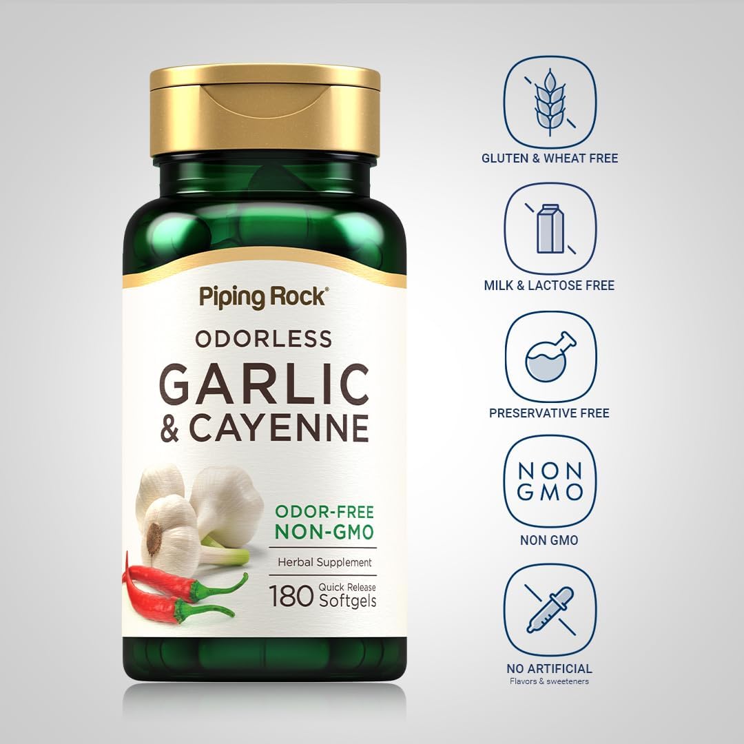 180 Odorless Garlic and Cayenne Softgels - 1000mg, Non-GMO, Gluten Free