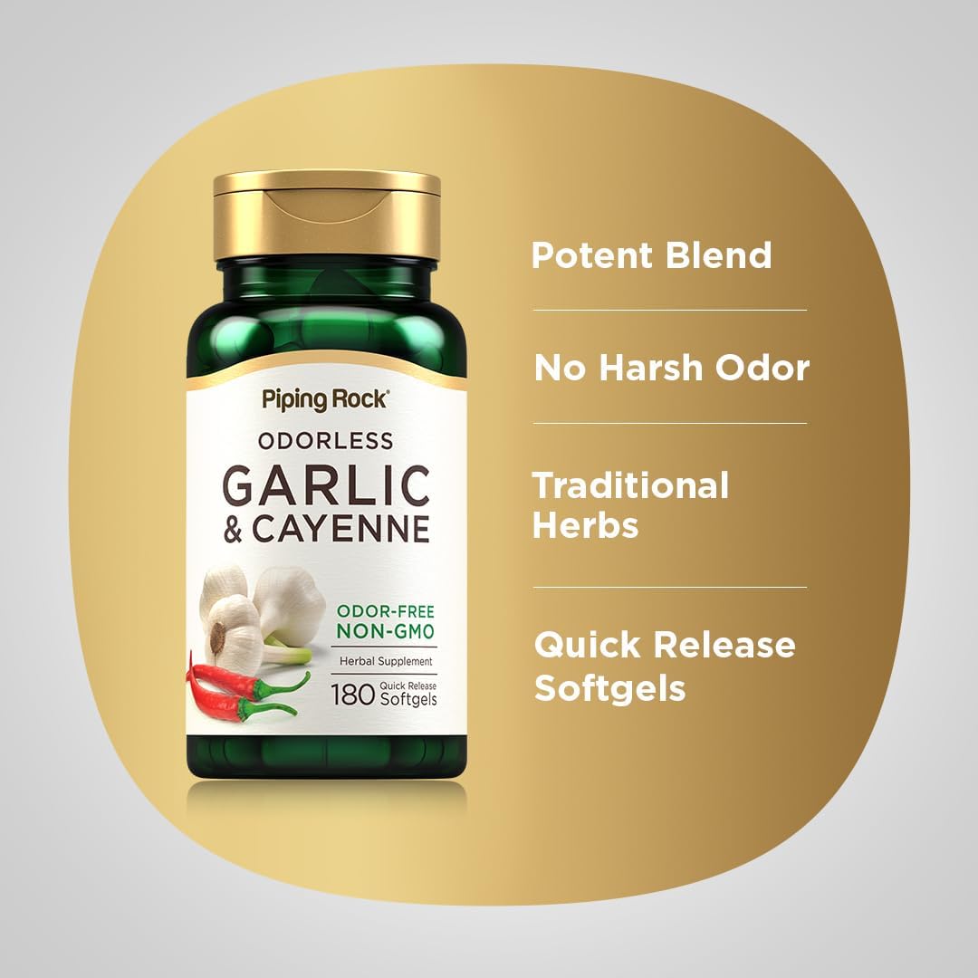 180 Odorless Garlic and Cayenne Softgels - 1000mg, Non-GMO, Gluten Free