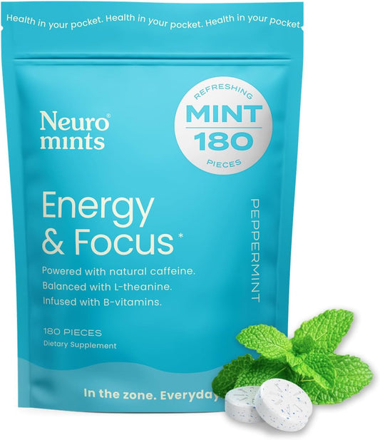 180 Piece NeuroGum Energy Caffeine Mints with L-theanine, Natural Caffeine, Vitamin B12 & B6 - Nootropic Energy & Focus Supplement, Sugar Free, Keto & Vegan - Peppermint Flavor for Women & Men