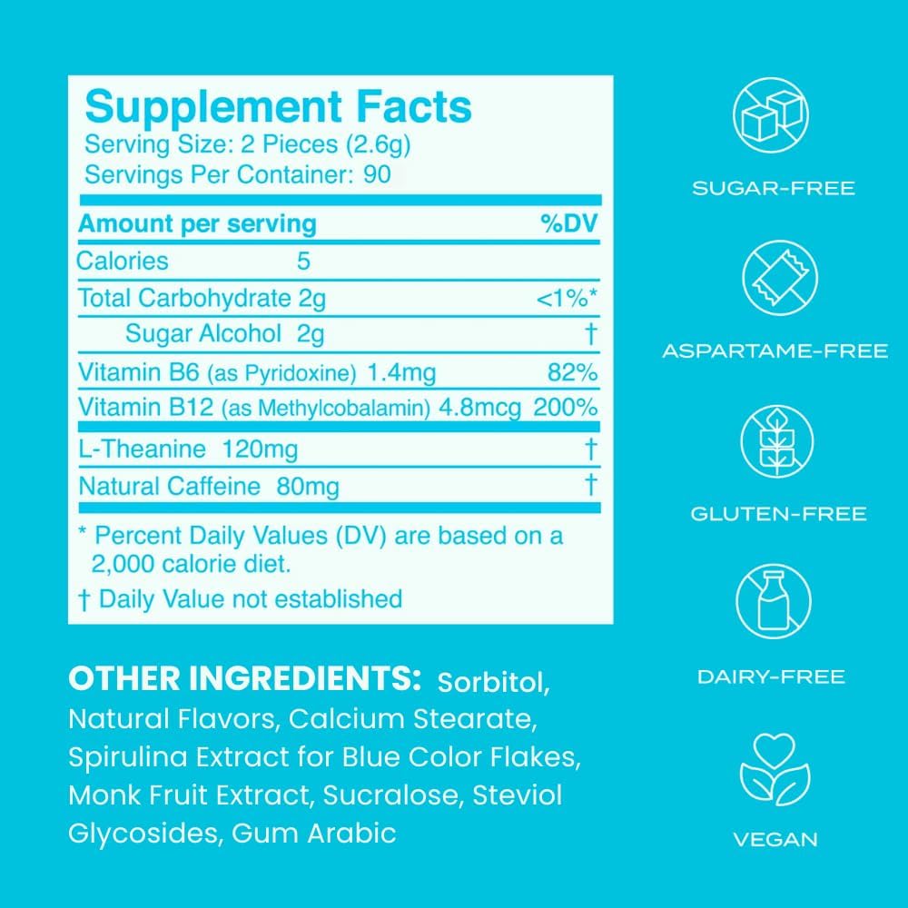 180 Piece NeuroGum Energy Caffeine Mints with L-theanine, Natural Caffeine, Vitamin B12 & B6 - Nootropic Energy & Focus Supplement, Sugar Free, Keto & Vegan - Peppermint Flavor for Women & Men