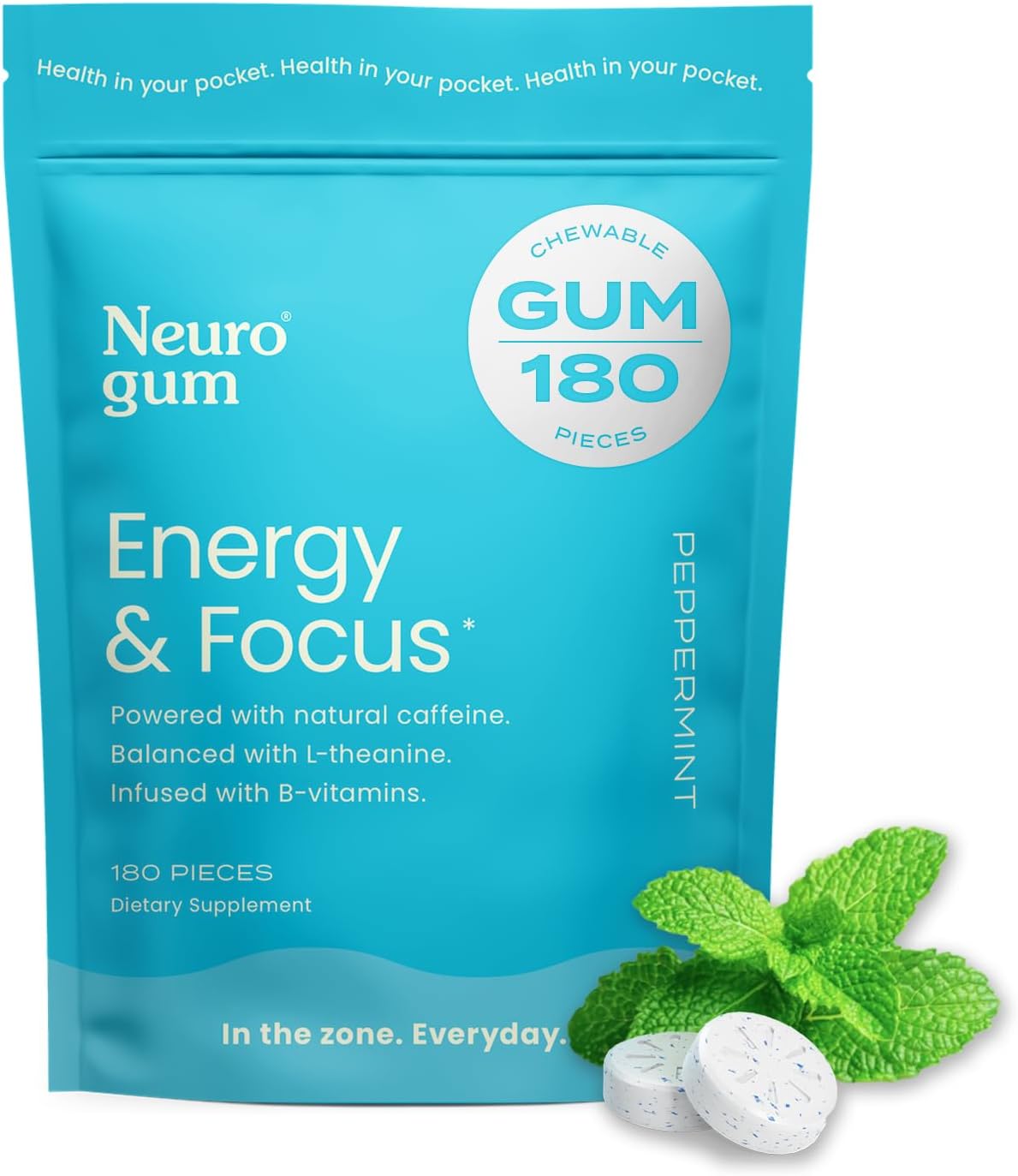 180-Piece Sugar-Free NeuroGum Energy Caffeine Gum with L-theanine, Natural Caffeine, Vitamin B12 & B6 - Nootropic Energy & Focus Supplement for Men & Women - Keto & Vegan - Peppermint Flavor