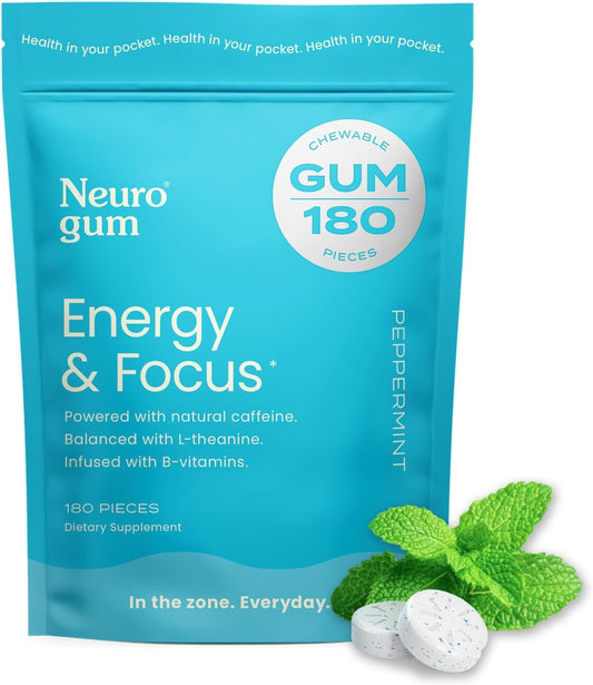 180-Piece Sugar-Free NeuroGum Energy Caffeine Gum with L-theanine, Natural Caffeine, Vitamin B12 & B6 - Nootropic Energy & Focus Supplement for Men & Women - Keto & Vegan - Peppermint Flavor