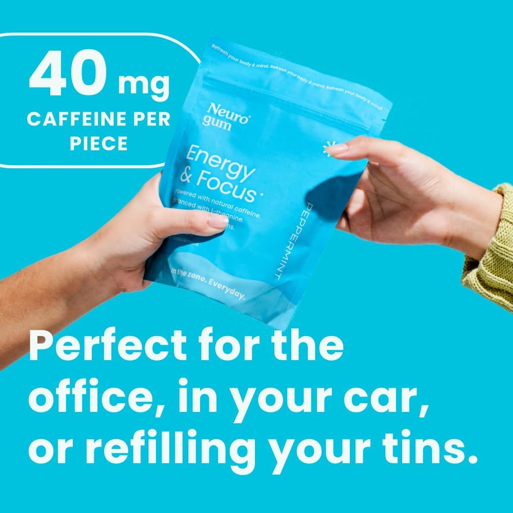 180-Piece Sugar-Free NeuroGum Energy Caffeine Gum with L-theanine, Natural Caffeine, Vitamin B12 & B6 - Nootropic Energy & Focus Supplement for Men & Women - Keto & Vegan - Peppermint Flavor
