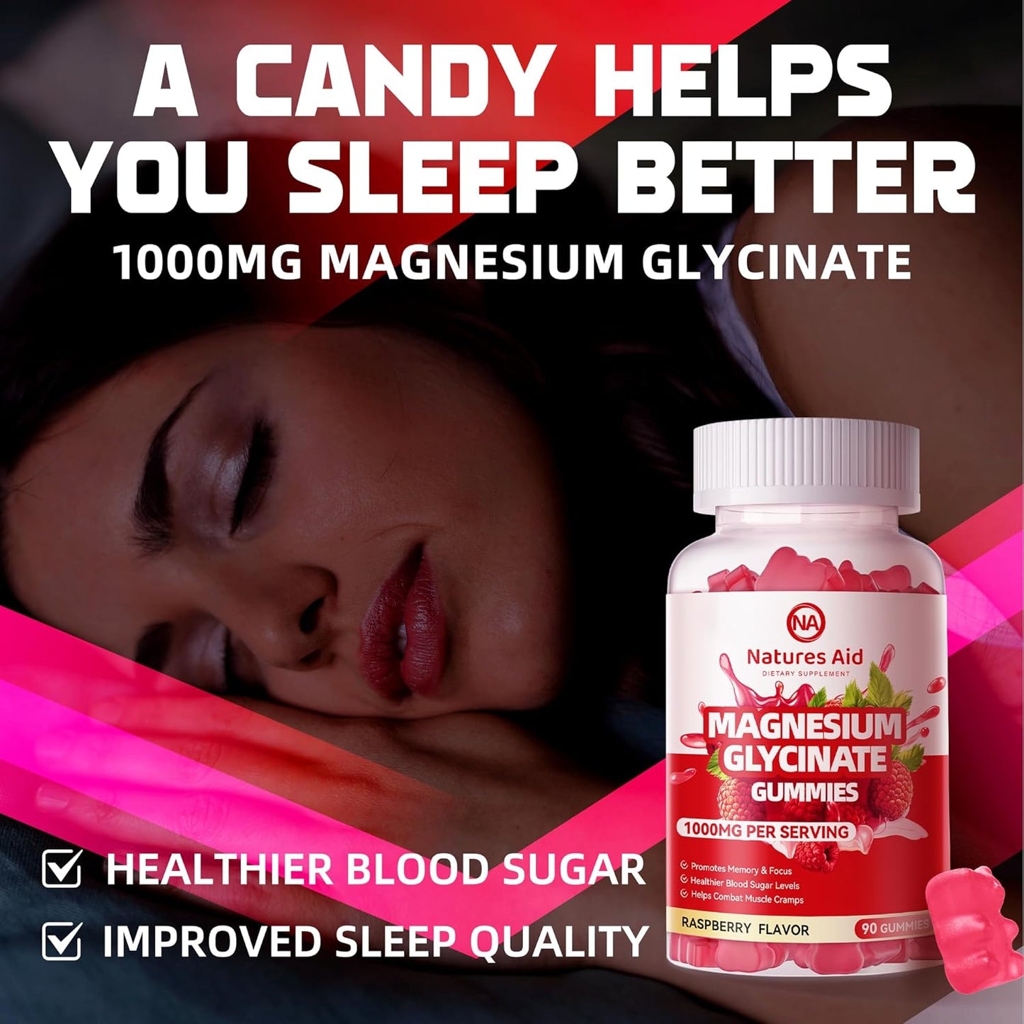 180 Raspberry Magnesium Glycinate Gummies - Sugar Free Supplement with Vitamin D, B6, CoQ10 for Calm Mood & Sleep Support.