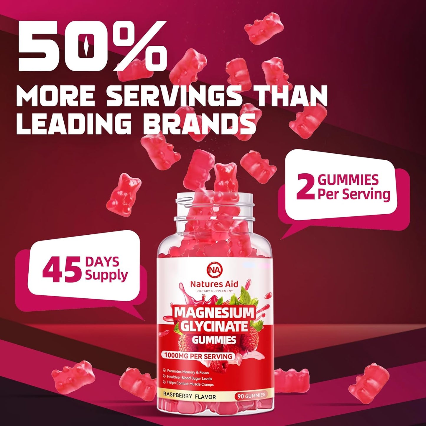 180 Raspberry Magnesium Glycinate Gummies - Sugar Free Supplement with Vitamin D, B6, CoQ10 for Calm Mood & Sleep Support.
