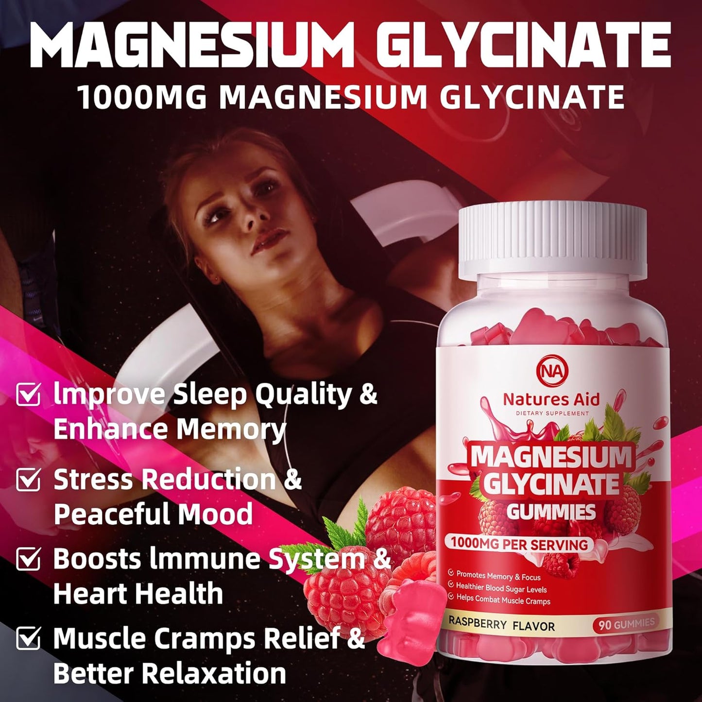 180 Raspberry Magnesium Glycinate Gummies - Sugar Free Supplement with Vitamin D, B6, CoQ10 for Calm Mood & Sleep Support.