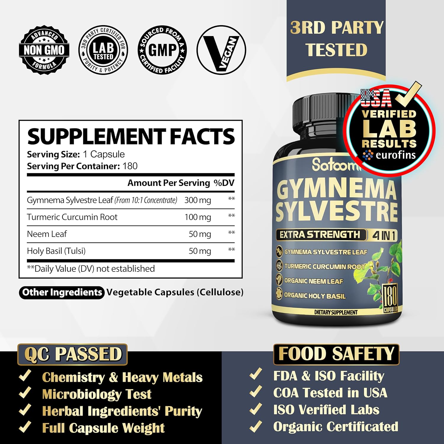 180 Satoomi Pure Gymnema Sylvestre Capsules Extract with Neem Leaf, Holy Basil & Turmeric - 6 Month Supply