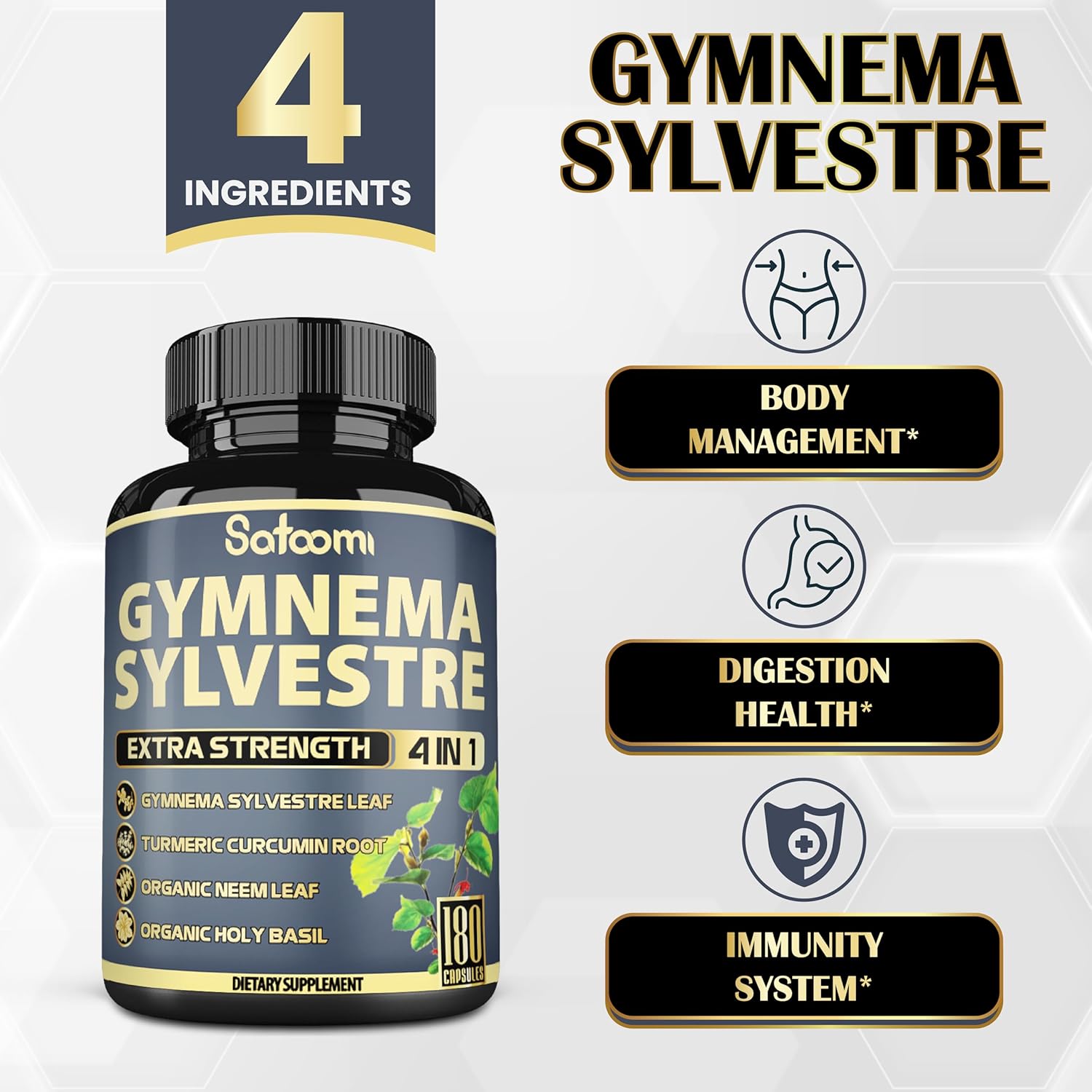 180 Satoomi Pure Gymnema Sylvestre Capsules Extract with Neem Leaf, Holy Basil & Turmeric - 6 Month Supply