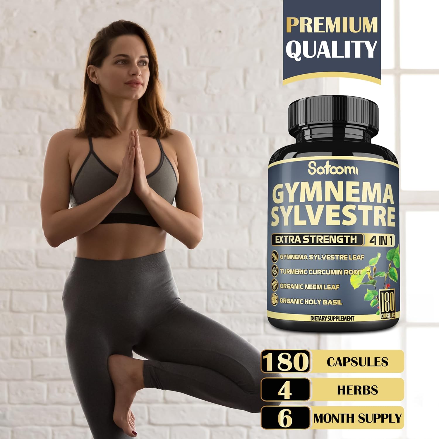 180 Satoomi Pure Gymnema Sylvestre Capsules Extract with Neem Leaf, Holy Basil & Turmeric - 6 Month Supply