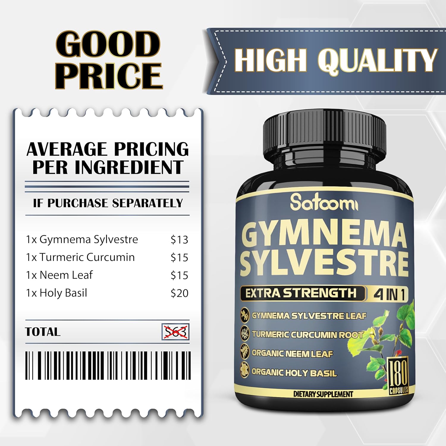 180 Satoomi Pure Gymnema Sylvestre Capsules Extract with Neem Leaf, Holy Basil & Turmeric - 6 Month Supply