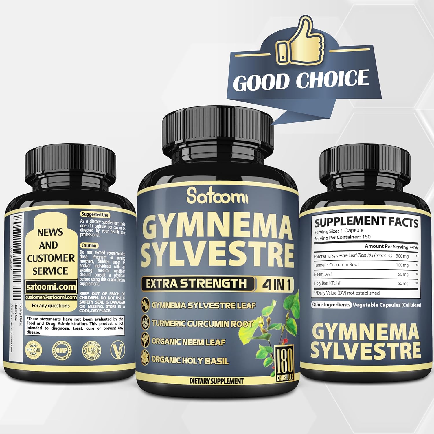 180 Satoomi Pure Gymnema Sylvestre Capsules Extract with Neem Leaf, Holy Basil & Turmeric - 6 Month Supply