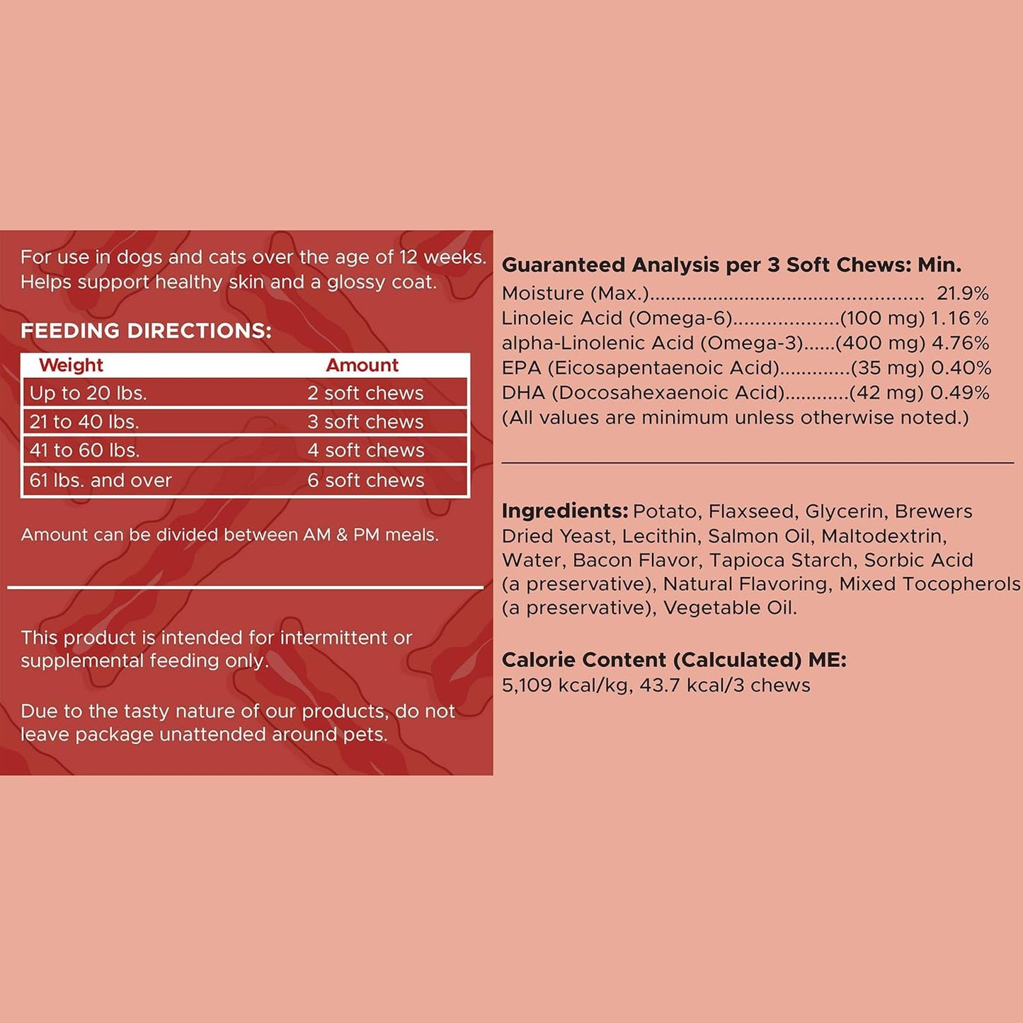 180 Soft Chew Salmon Oil Treats for Dogs - Skin & Coat Health, Itch Relief - Fish Oil Blend with Omega 3, 6, 9, Vitamins - Smoked Bacon Flavor