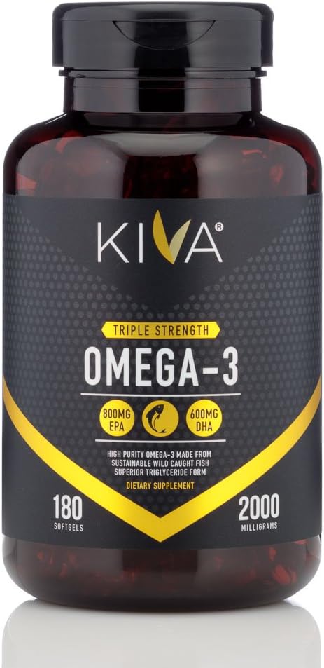 180 Softgel Kiva Omega 3 Fish Oil: Triple Strength, High EPA & DHA, No Fishy Burps, Superior Triglyceride Form, Non-GMO, Heavy Metal & PCBs Tested