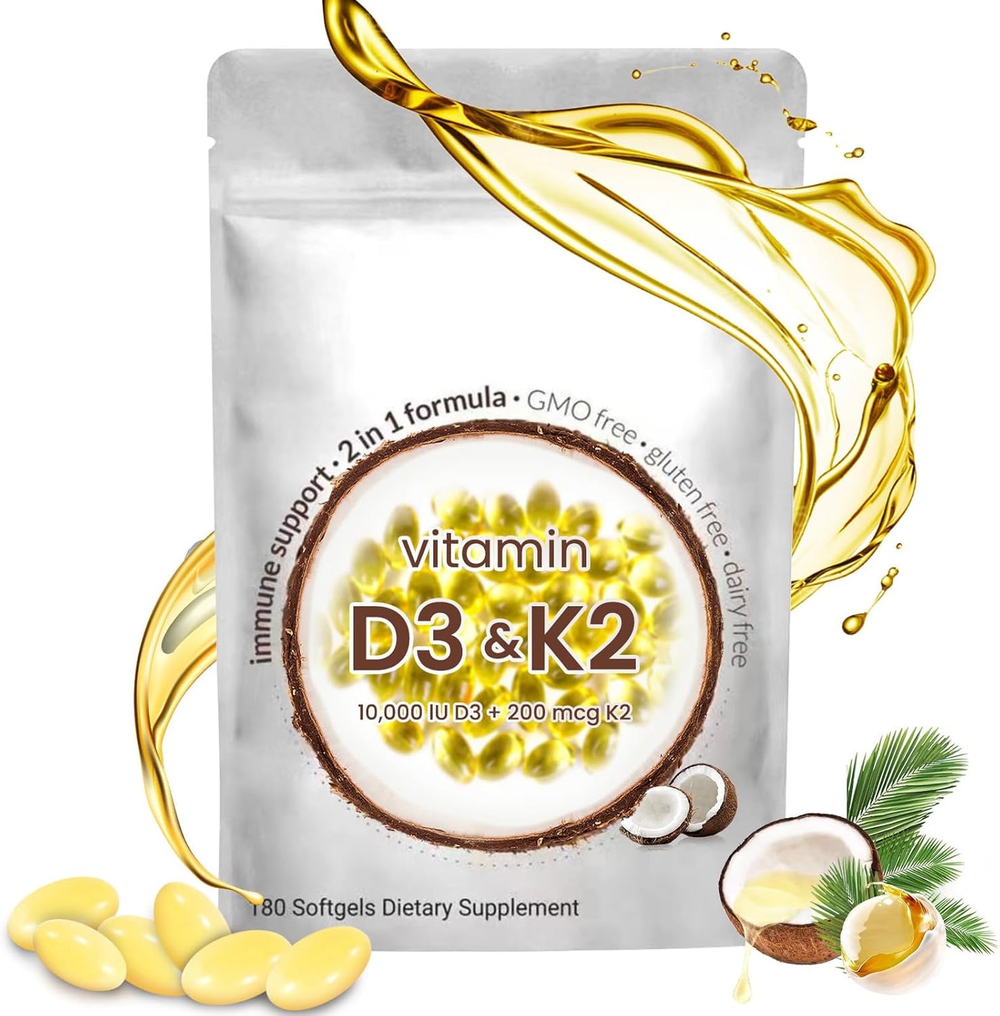 180 Softgel Podafu 2-in-1 Vitamin D3 K2 Supplement, 10000 IU VIT D3 + 200 MCG K2, GMO-Free for Enhanced Calcium Absorption