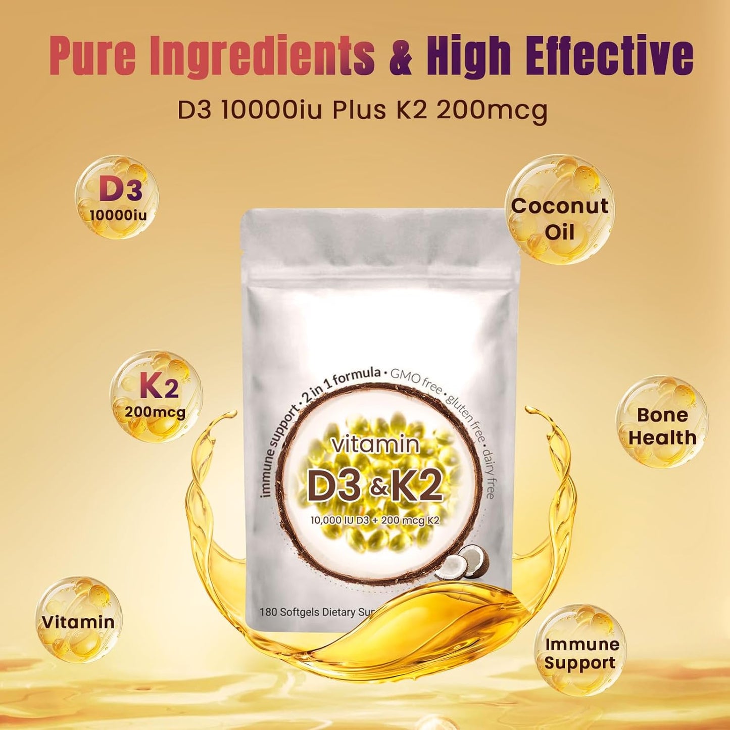 180 Softgel Podafu 2-in-1 Vitamin D3 K2 Supplement, 10000 IU VIT D3 + 200 MCG K2, GMO-Free for Enhanced Calcium Absorption