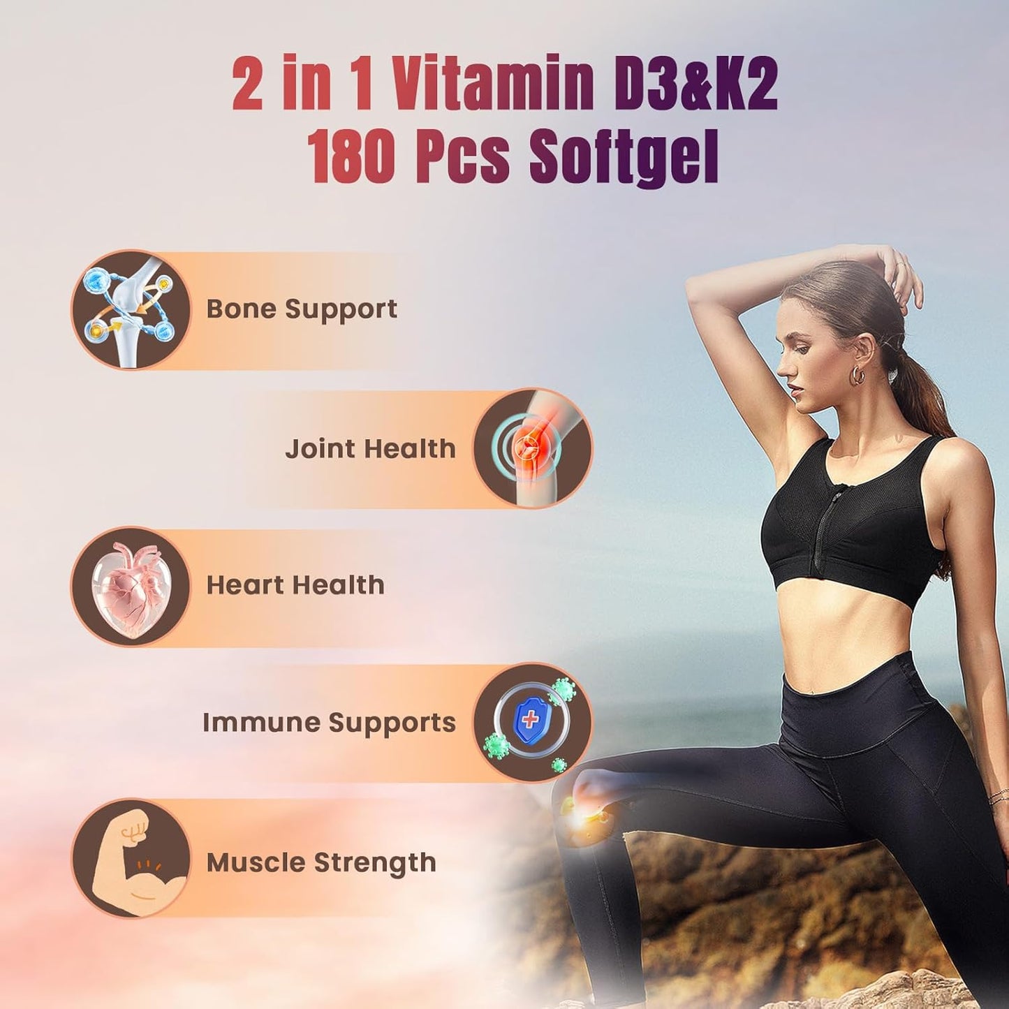 180 Softgel Podafu 2-in-1 Vitamin D3 K2 Supplement, 10000 IU VIT D3 + 200 MCG K2, GMO-Free for Enhanced Calcium Absorption