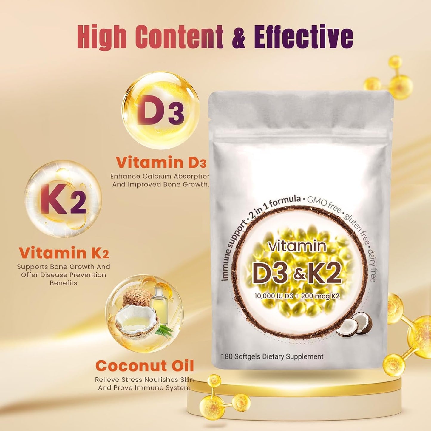 180 Softgel Podafu 2-in-1 Vitamin D3 K2 Supplement, 10000 IU VIT D3 + 200 MCG K2, GMO-Free for Enhanced Calcium Absorption