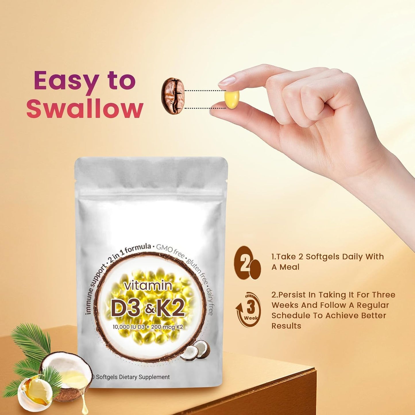 180 Softgel Podafu 2-in-1 Vitamin D3 K2 Supplement, 10000 IU VIT D3 + 200 MCG K2, GMO-Free for Enhanced Calcium Absorption