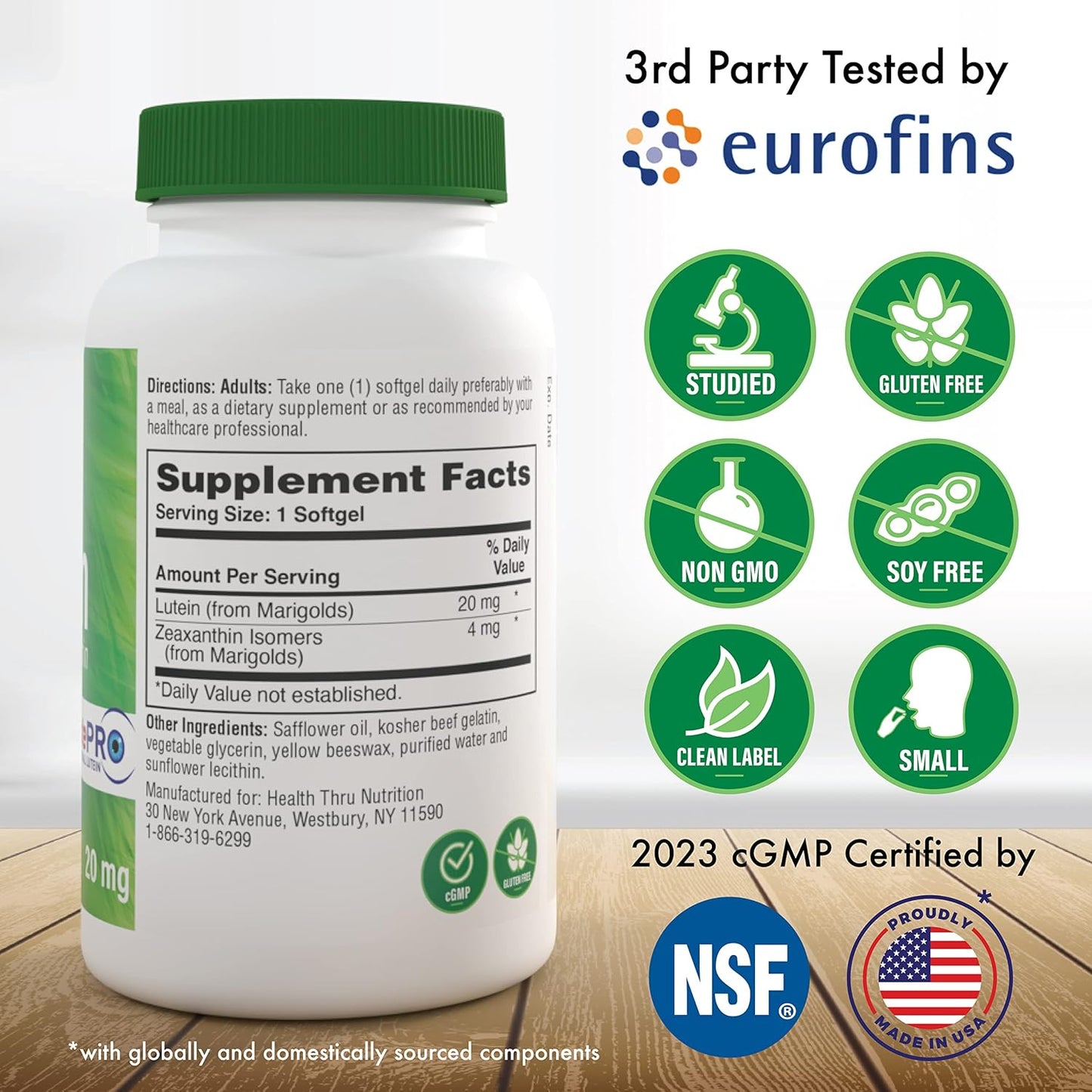 180 Softgels Lutein 20mg with Zeaxanthin 4mg | Marigold Extract 5:1 Ratio | Eye, Skin, Brain Support | Non-GMO Soy & Gluten Free | Health Thru Nutrition
