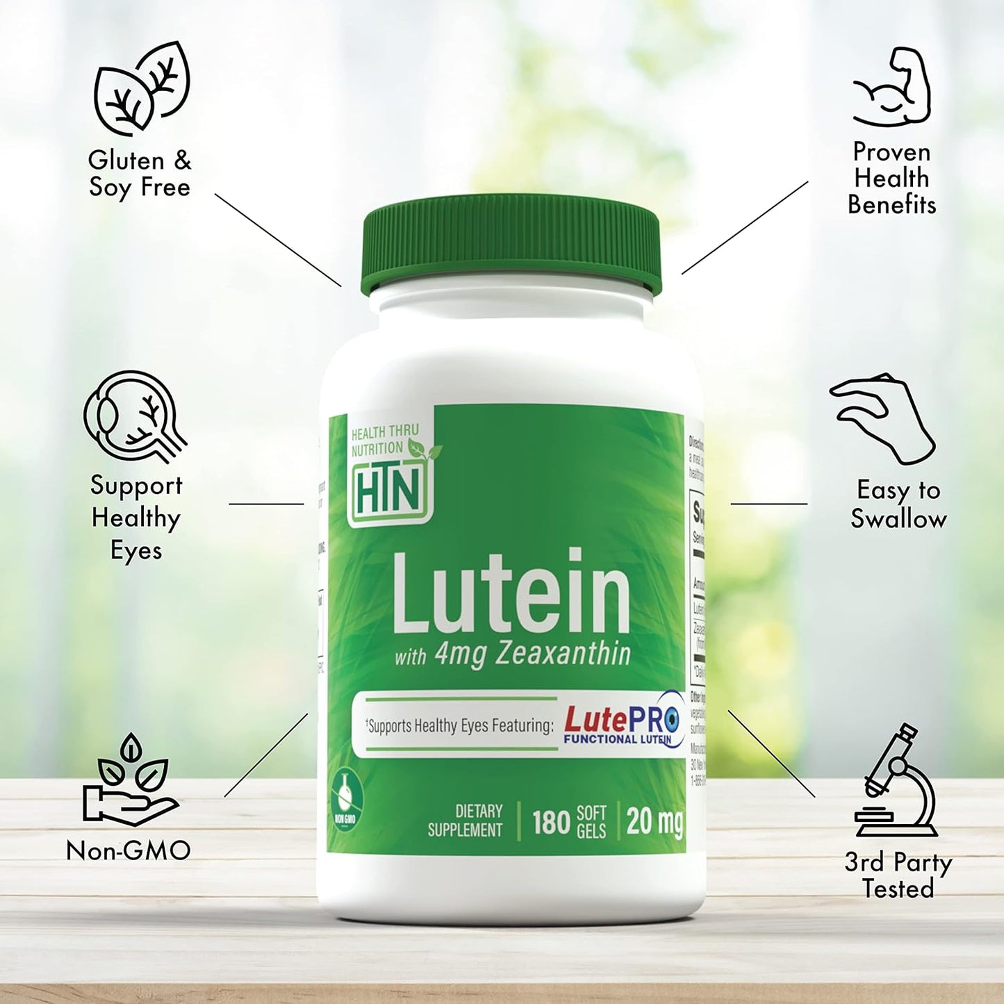 180 Softgels Lutein 20mg with Zeaxanthin 4mg | Marigold Extract 5:1 Ratio | Eye, Skin, Brain Support | Non-GMO Soy & Gluten Free | Health Thru Nutrition