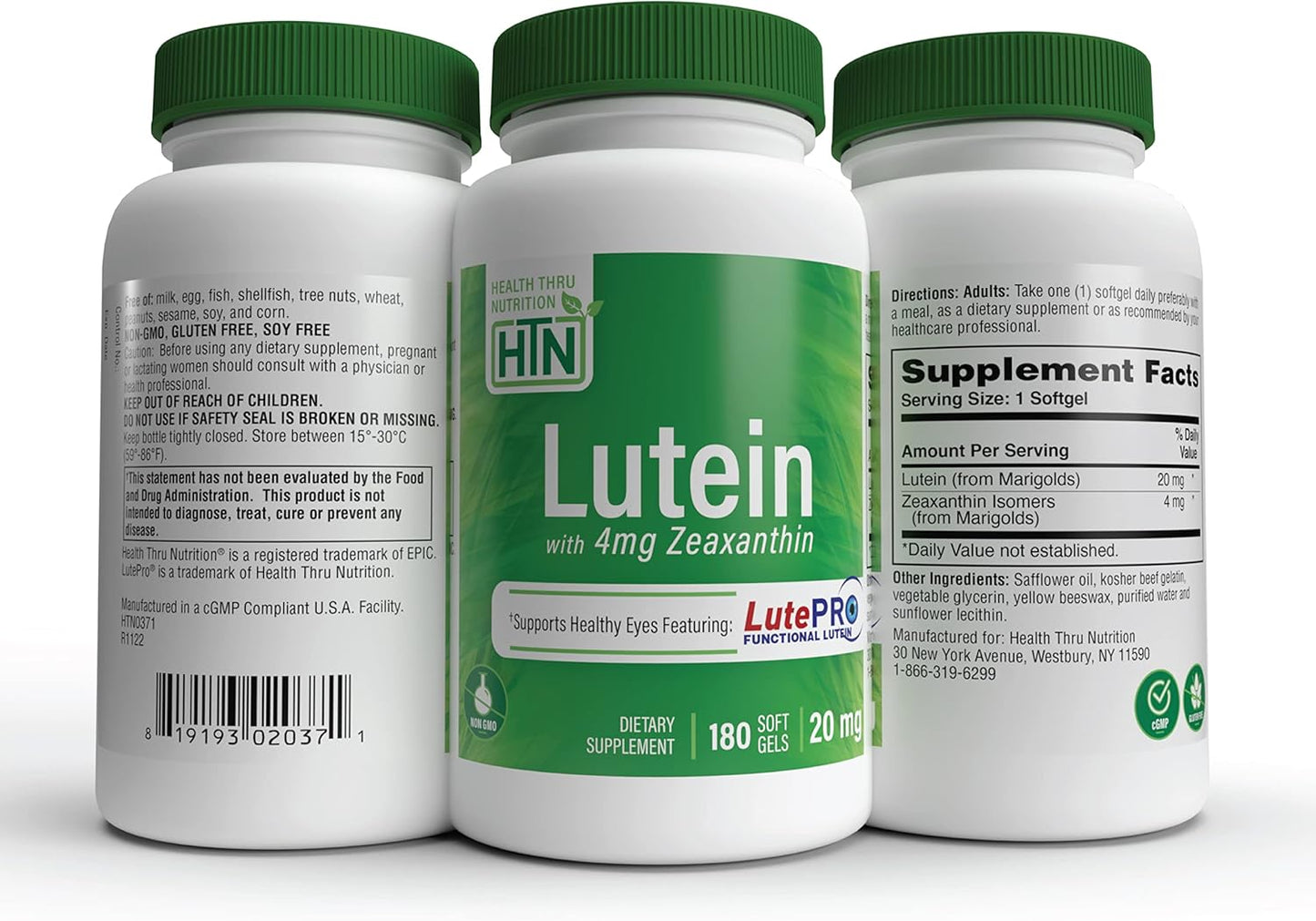 180 Softgels Lutein 20mg with Zeaxanthin 4mg | Marigold Extract 5:1 Ratio | Eye, Skin, Brain Support | Non-GMO Soy & Gluten Free | Health Thru Nutrition
