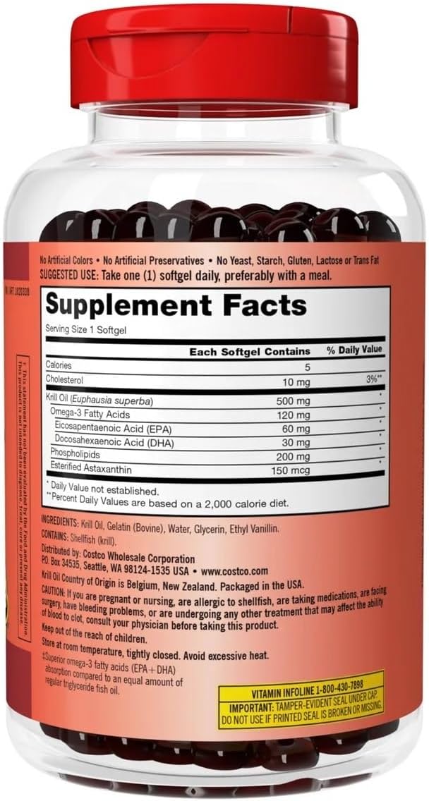180 Softgels of Kirkland Signature Krill Oil 500mg - Premium Omega-3 Supplement