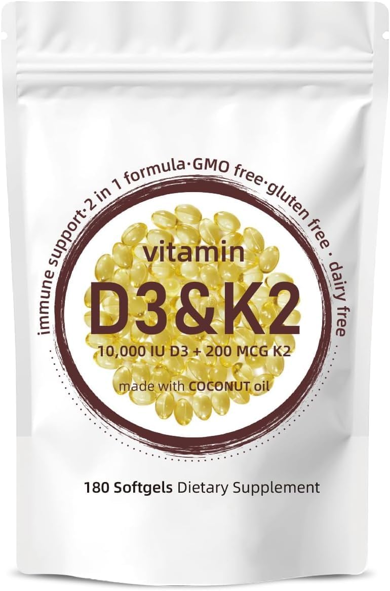 180 Softgels ZWQITDS 2-in-1 Vitamin D3 K2 Supplement with Virgin Coconut Oil - 10,000 IU D3 & 200 mcg K2