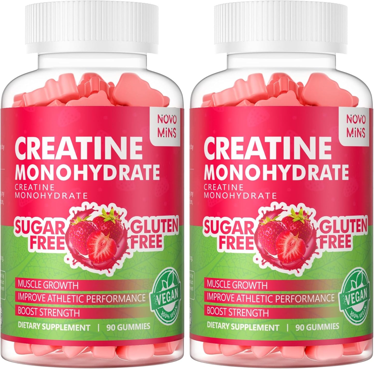 180 Sugar-Free Strawberry Novomins Creatine Monohydrate Gummies - 5g Chewable Supplement for Men and Women