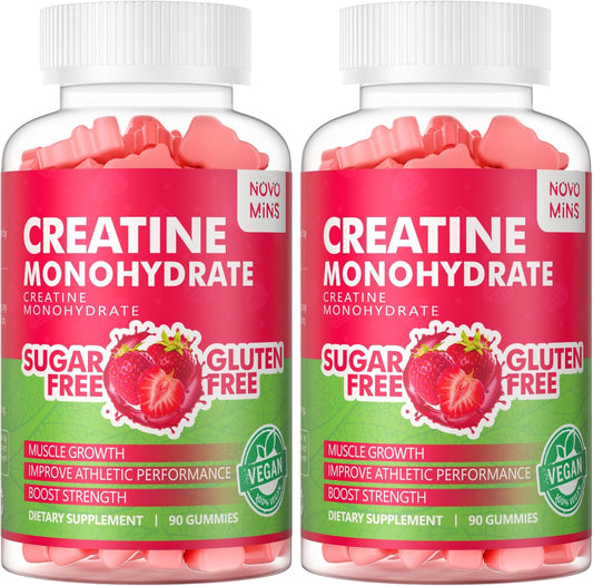 180 Sugar-Free Strawberry Novomins Creatine Monohydrate Gummies - 5g Chewable Supplement for Men and Women
