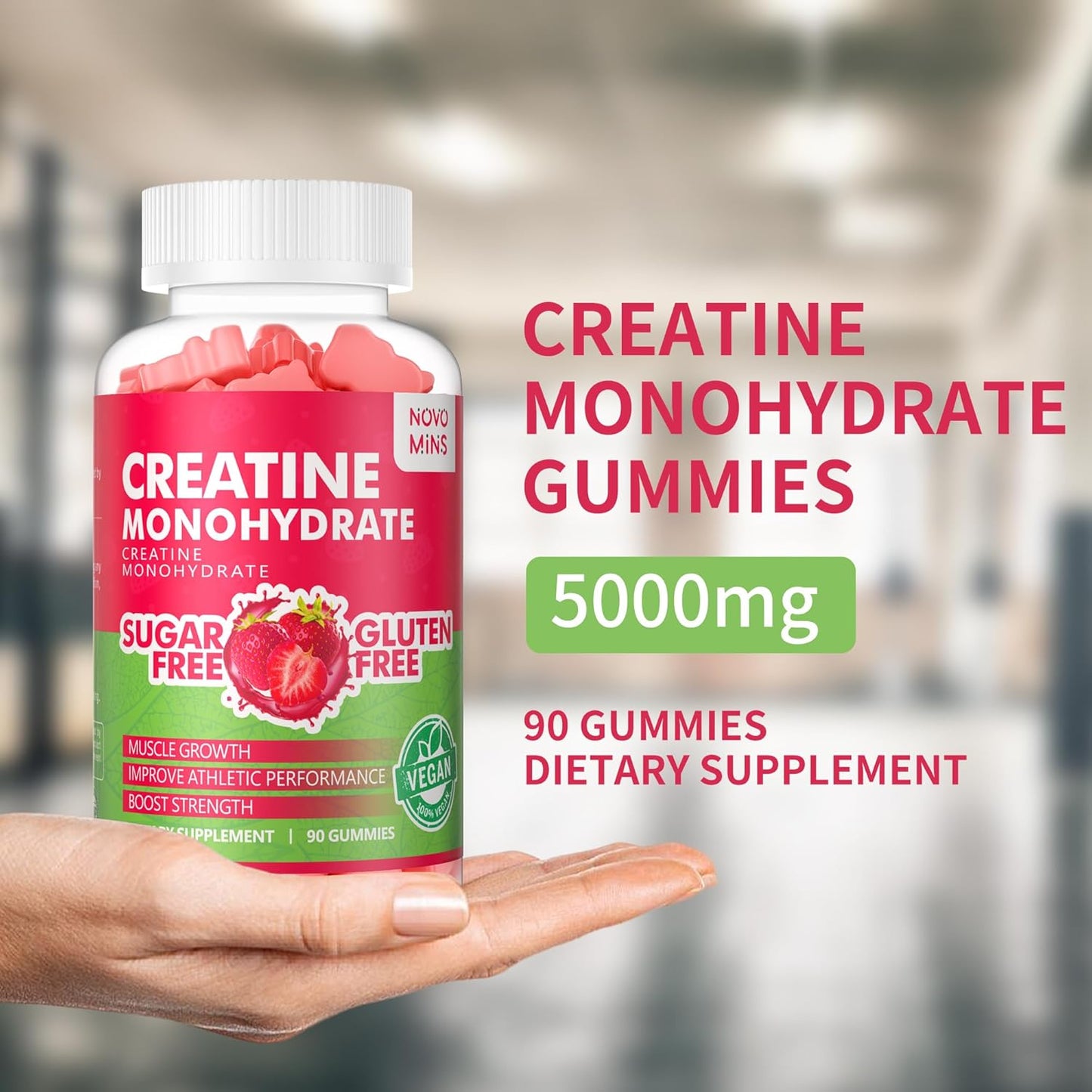 180 Sugar-Free Strawberry Novomins Creatine Monohydrate Gummies - 5g Chewable Supplement for Men and Women
