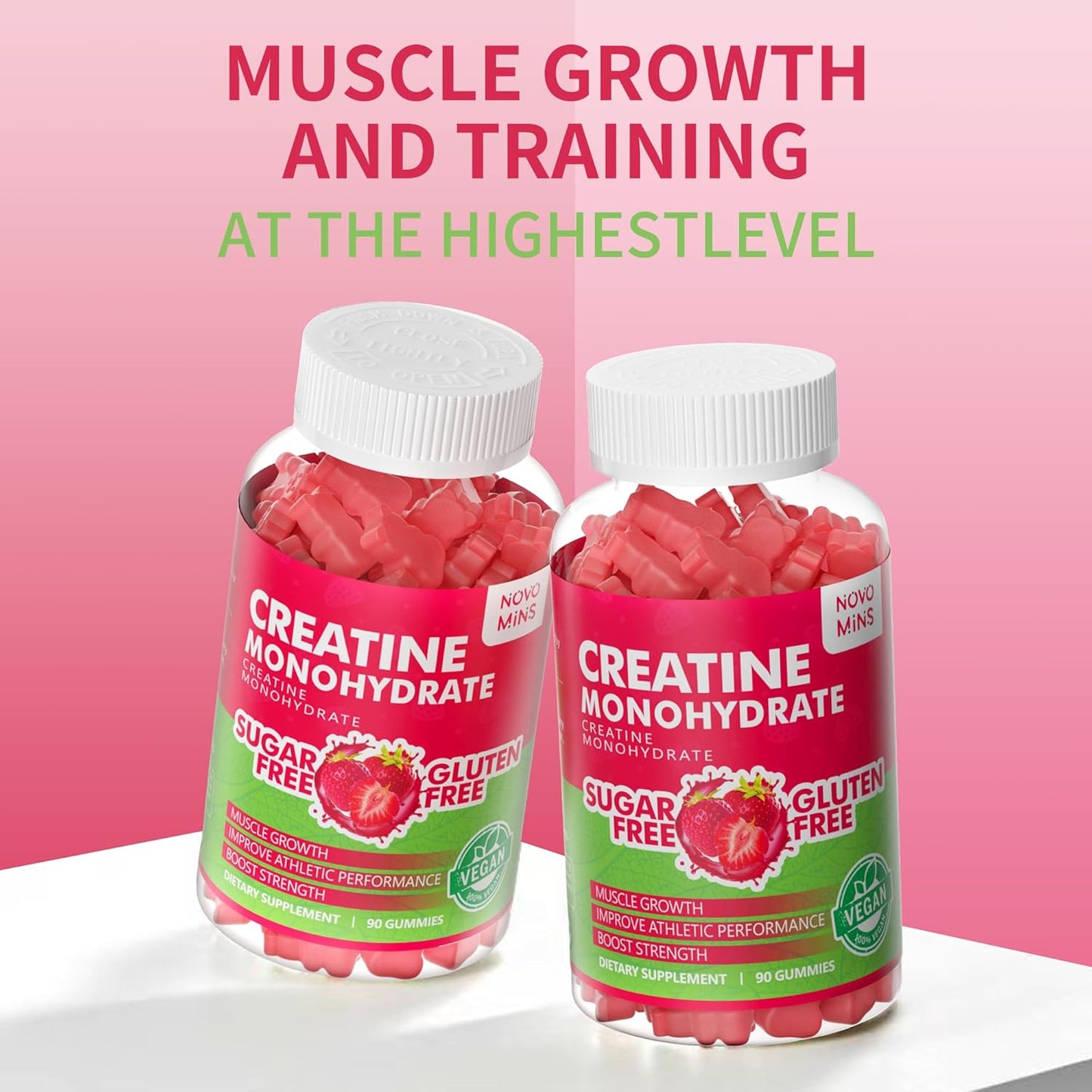 180 Sugar-Free Strawberry Novomins Creatine Monohydrate Gummies - 5g Chewable Supplement for Men and Women