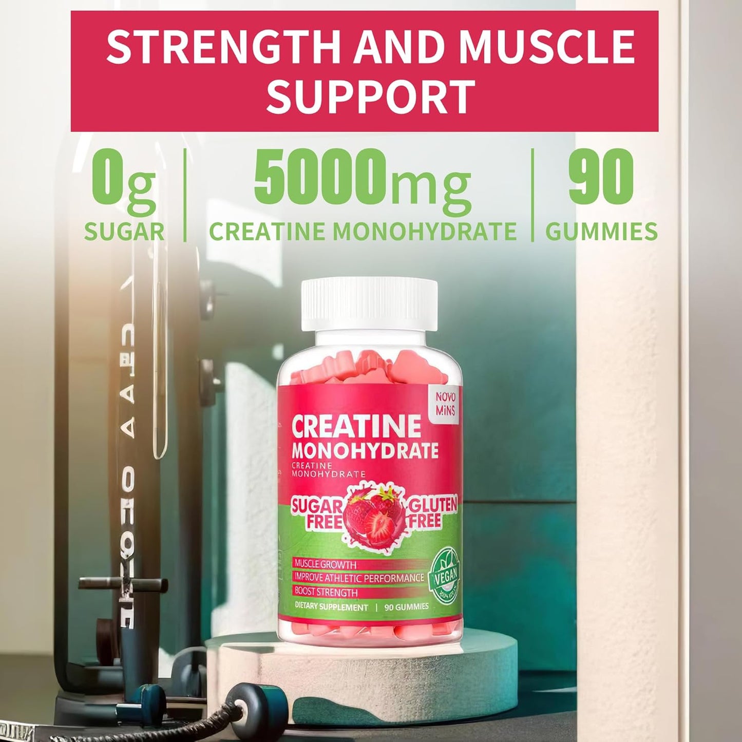 180 Sugar-Free Strawberry Novomins Creatine Monohydrate Gummies - 5g Chewable Supplement for Men and Women