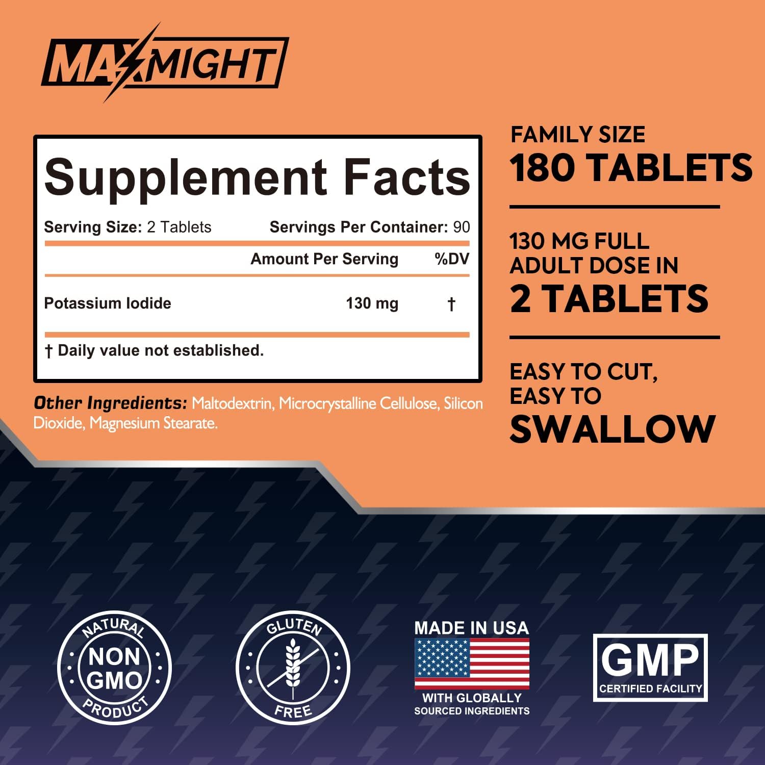 180 Tablets MaxMight Potassium Iodide 130mg Supplement - Non-GMO Pills for 6 Months, YODO Naciente, USA Made