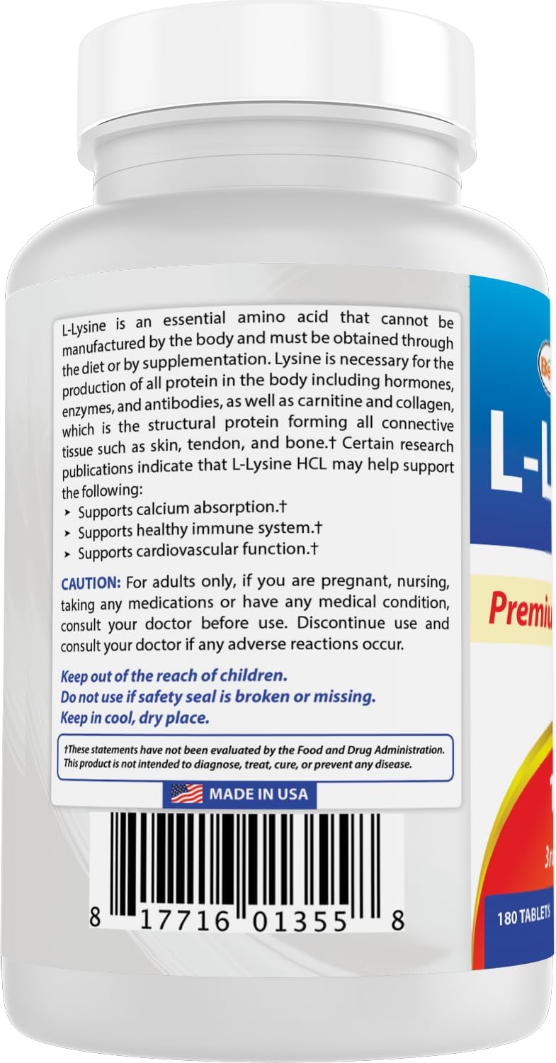 180 Tablets of Best Naturals L-Lysine 1000mg - Pack of 3 Bottles