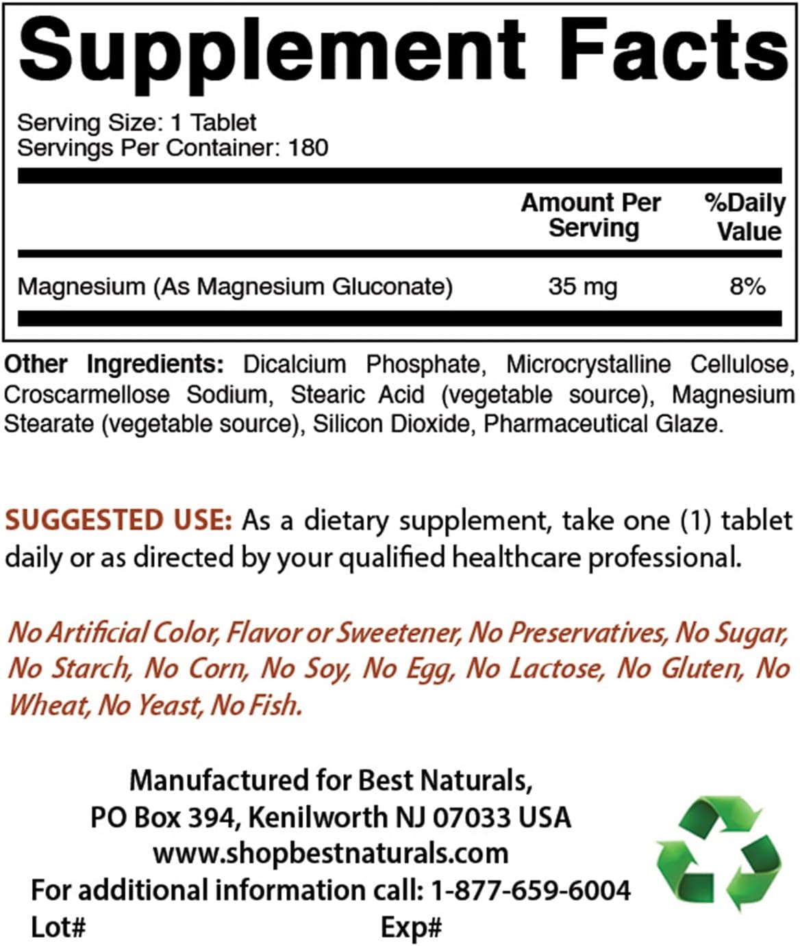 180 Tablets of Best Naturals Magnesium Gluconate with 35mg Elemental Magnesium