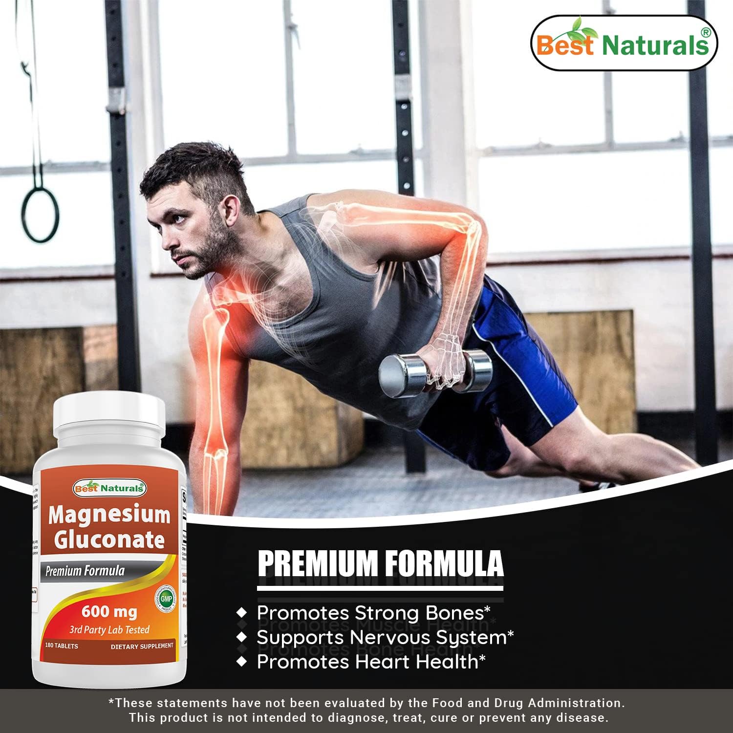 180 Tablets of Best Naturals Magnesium Gluconate with 35mg Elemental Magnesium