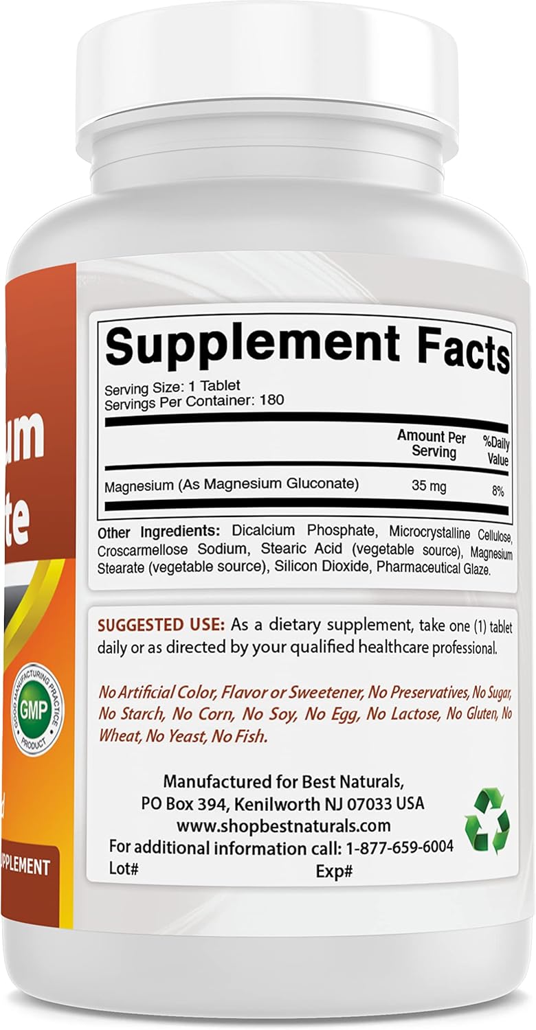 180 Tablets of Best Naturals Magnesium Gluconate with 35mg Elemental Magnesium
