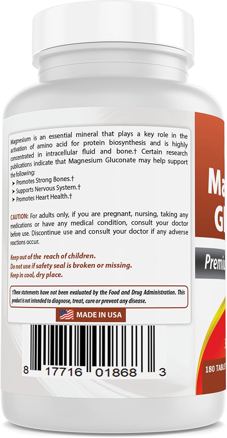 180 Tablets of Best Naturals Magnesium Gluconate with 35mg Elemental Magnesium