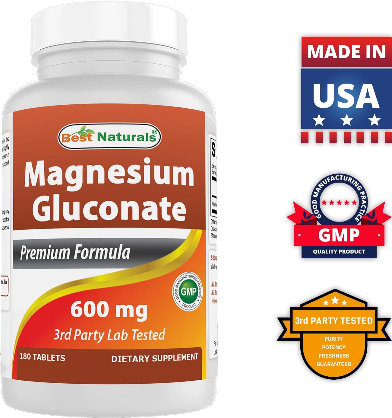 180 Tablets of Best Naturals Magnesium Gluconate with 35mg Elemental Magnesium
