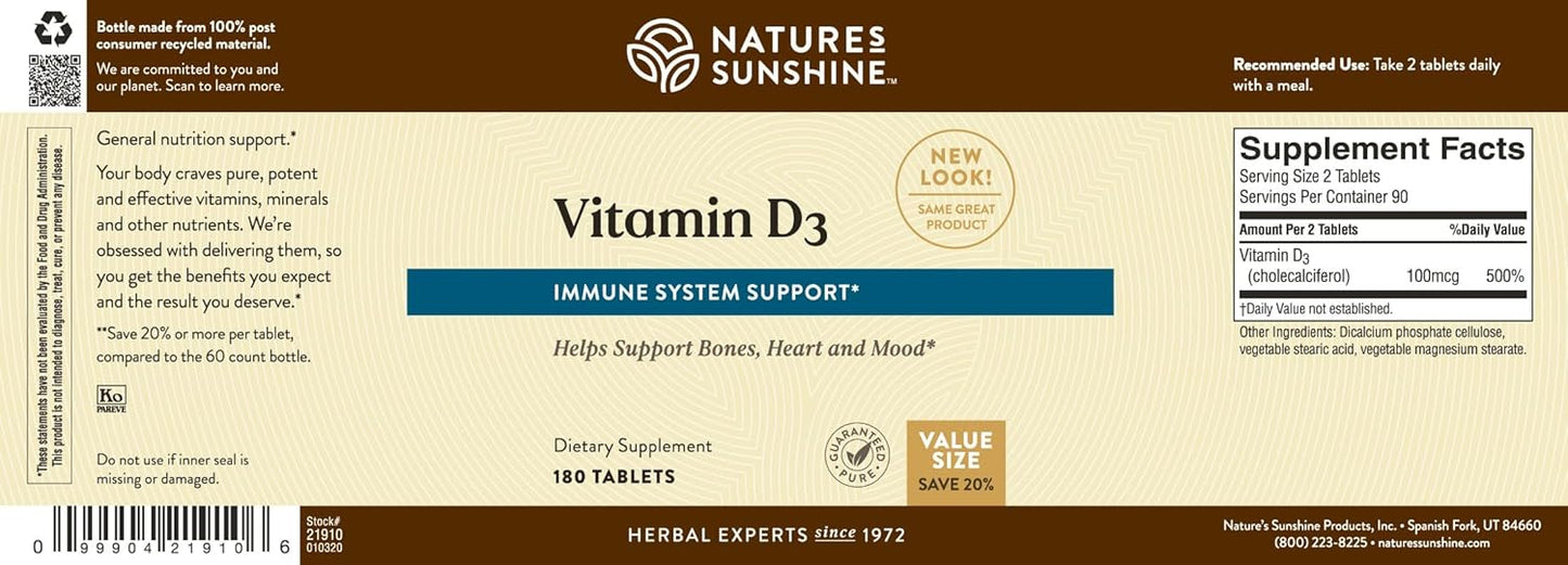 180 Tablets of Nature's Sunshine Vitamin D3 for Bone Health, Overall Wellness, and Mood Boost - BoostGo Australia