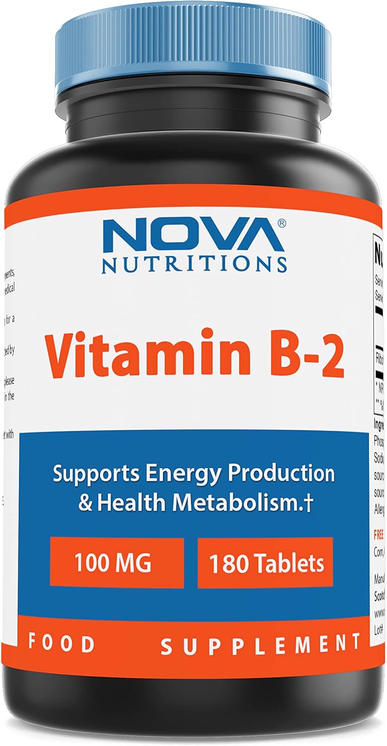 180 Tablets of Nova Nutritions Vitamin B2 Riboflavin 100 mg for Energy Production & Overall Health Support