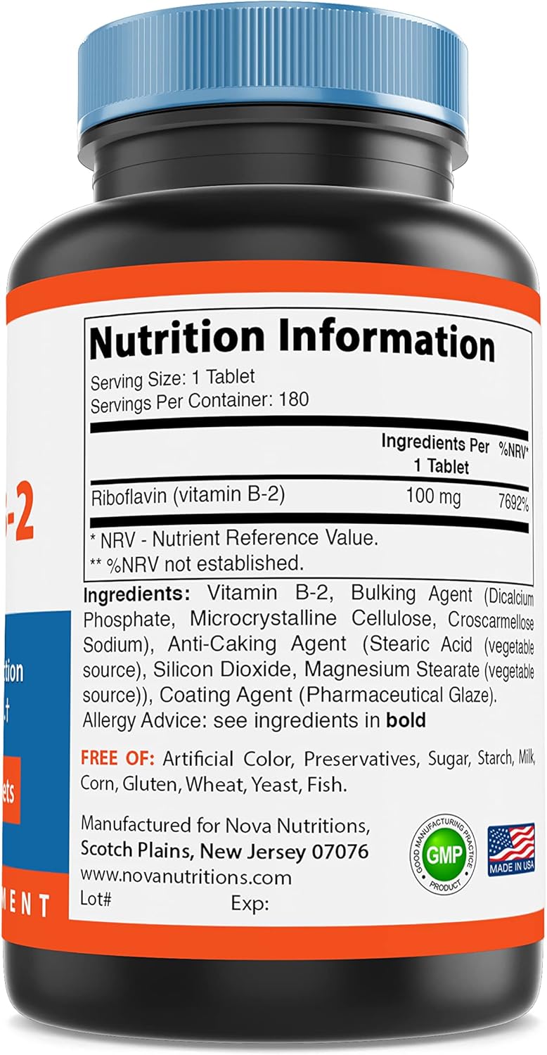 180 Tablets of Nova Nutritions Vitamin B2 Riboflavin 100 mg for Energy Production & Overall Health Support